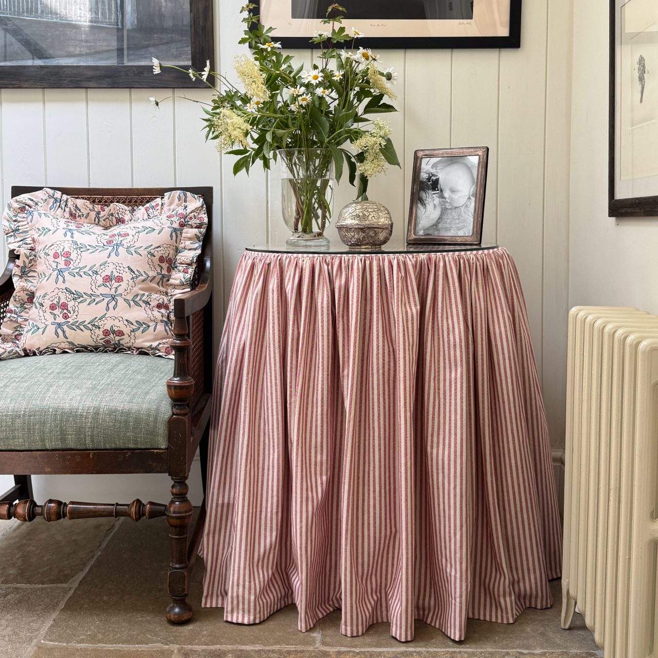 Red Stripe Skirted Table